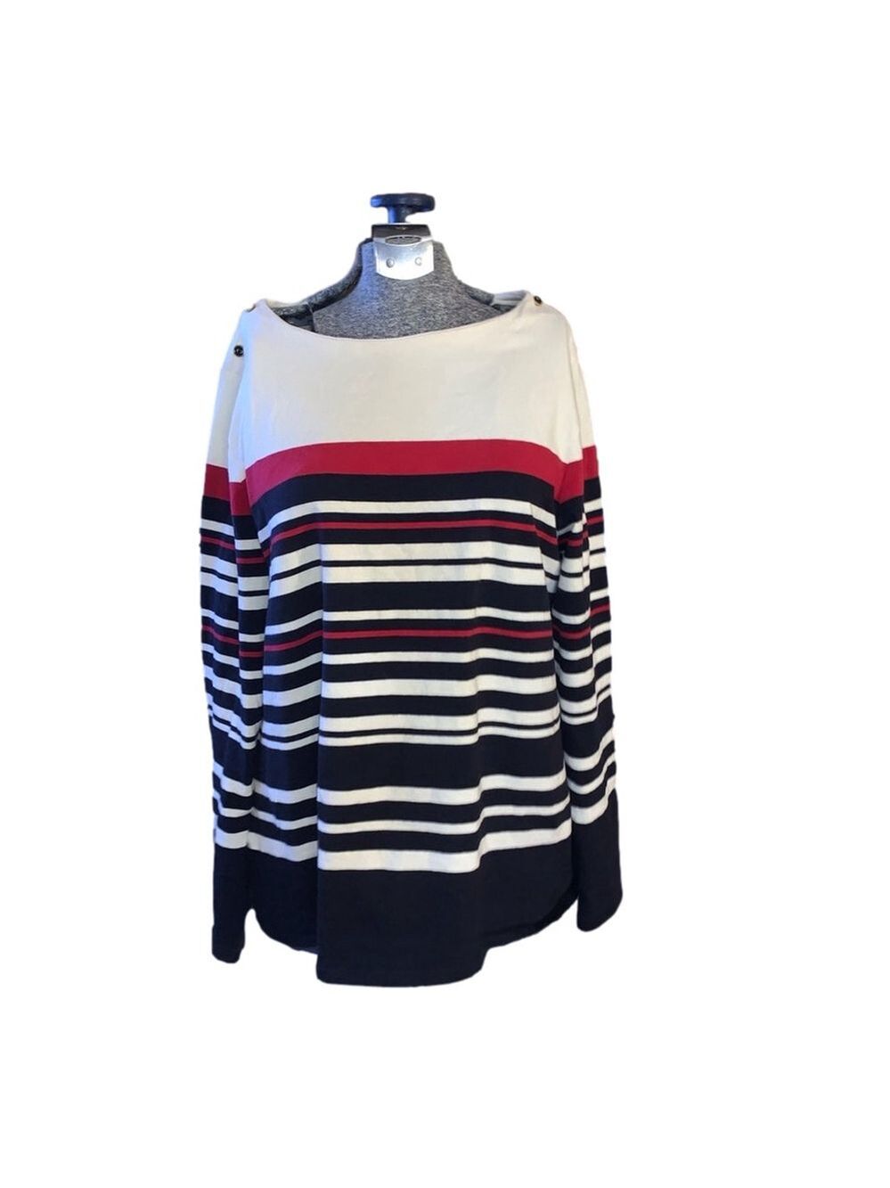 XL Charter Club Striped 3/4 Sleeve Top White Black Red